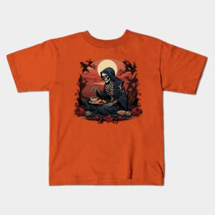 Halloween Grim reaper Samuri eating a feast Kids T-Shirt